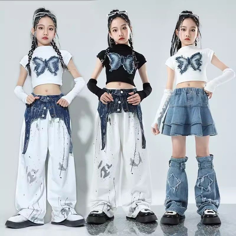 子供服の甘いクールな女の子の半袖tシャツの女性団のジャズダンスの公演服のスーツのクールでかっこいい揚げ街のダンスの服のスーツ