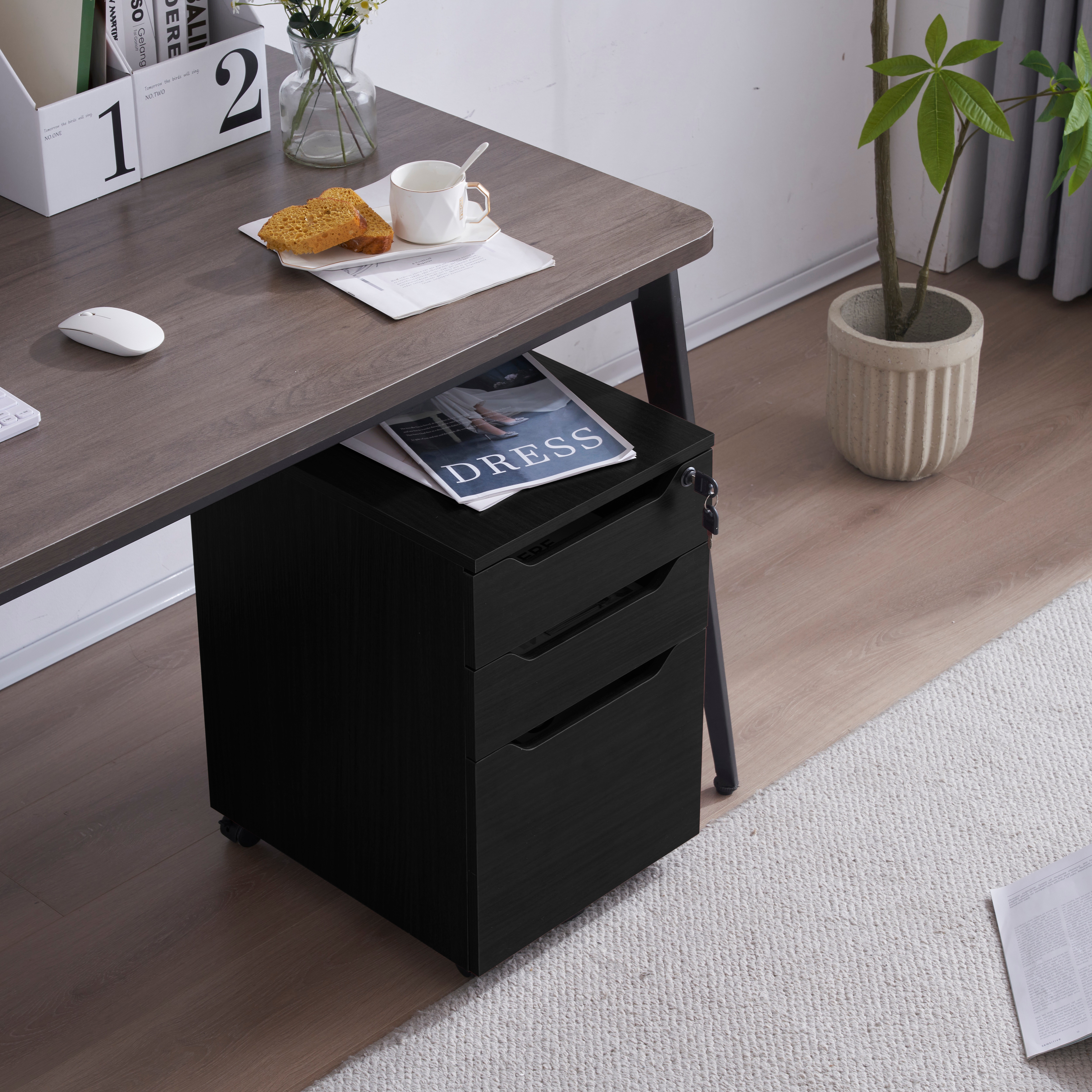 【国内発送,送料無料】【人気商品】デスクワゴン サイドワゴン ラック　鍵付き キャスター付き 脇机 オフィス ブラック