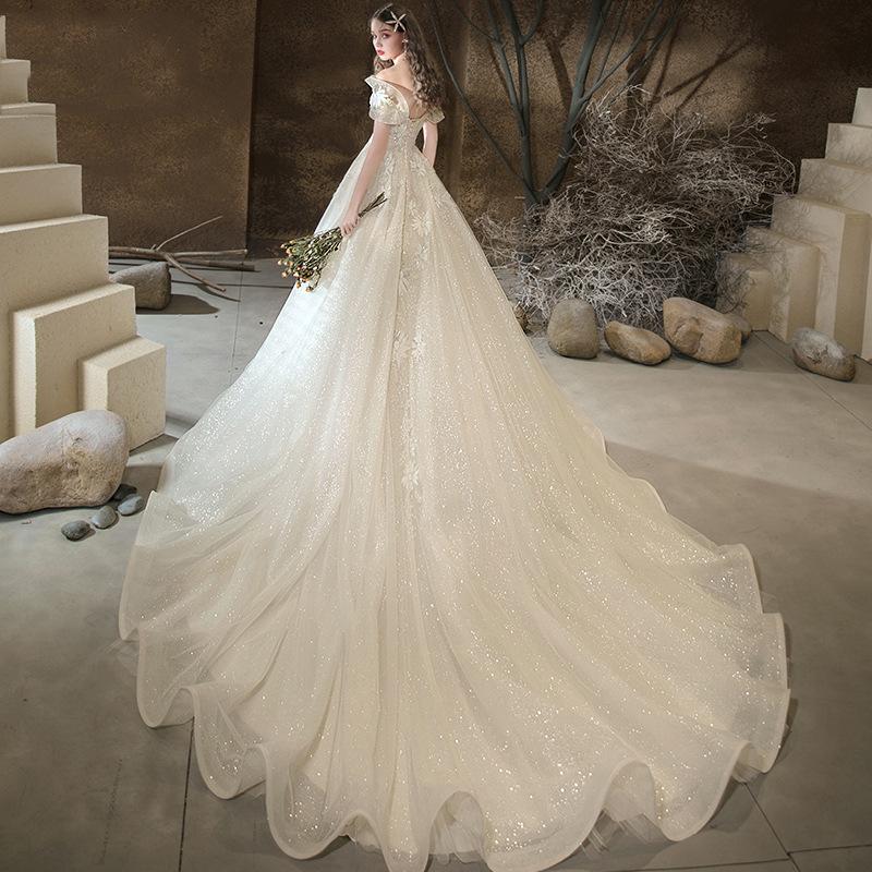 ウェディングドレス 花嫁 二次会 ウエディングドレス 結婚式 ロングドレス Aラインドレス オフショルダー トレーン 海外挙式 披露宴 ブライダル 編み上げ 華やか-525