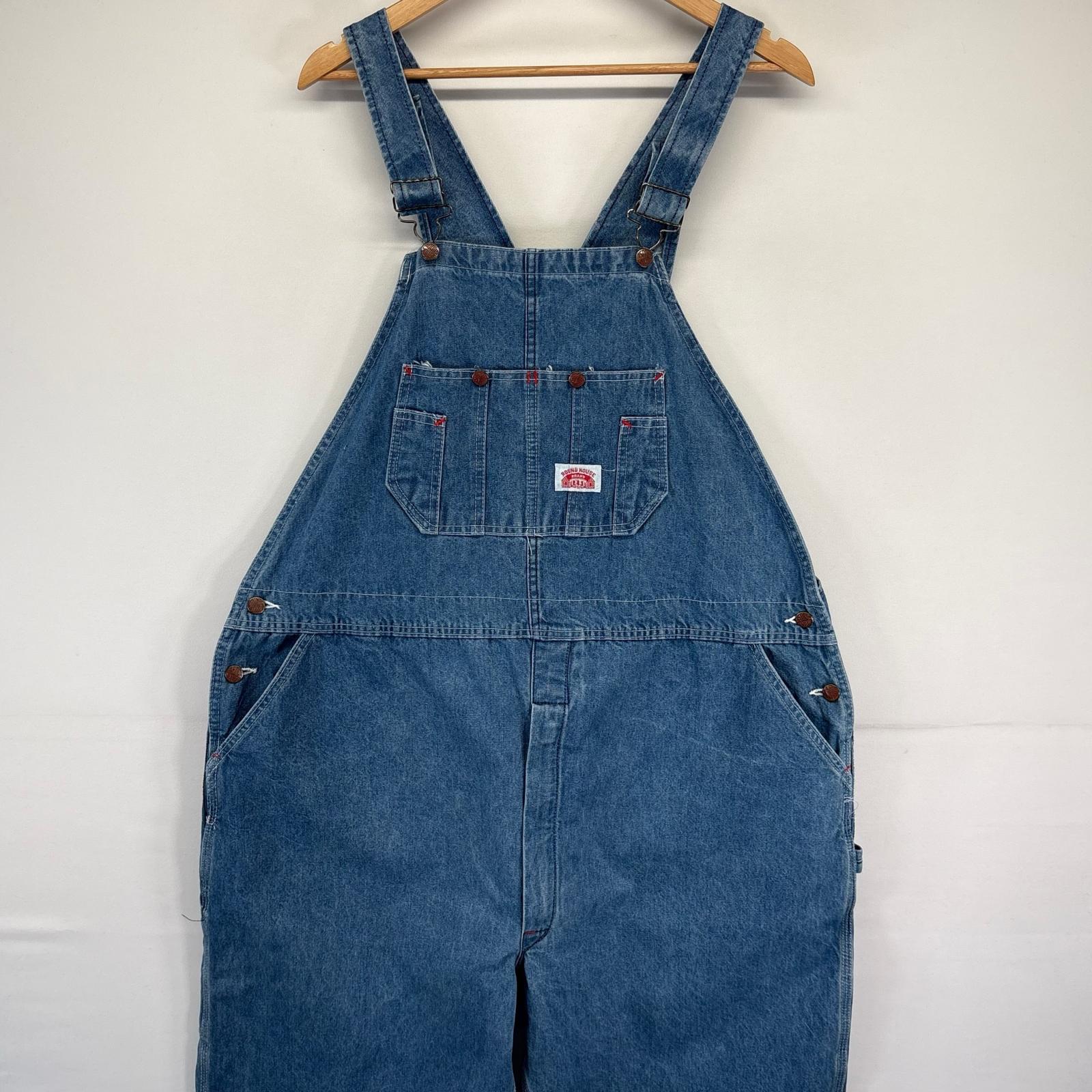 古着 ラウンドハウス ROUND HOUSE USA製 オーバーオール デニム ワンポイントロゴ 胸ポケット 大きいサイズ w48 L32 ブルー系 メンズ