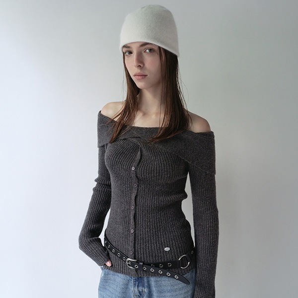 WOOL BLENDED TWIST BUTTON OFF SHOULDER KNIT CHARCOAL