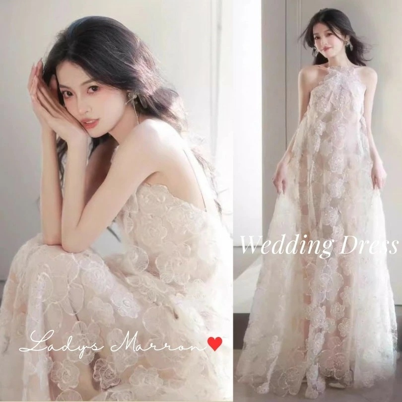 底値価格ウェディングドレス ウエディングドレス ホルターネック 白 前撮りドレス お色直し ドレス 韓国 パーティドレス ホワイトドレス 白いドレス 花柄ドレス 花柄レースドレス ロングドレス お呼ば