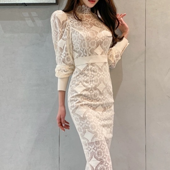 レディース ワンピース ミディアム丈ワンピース タイトワンピース 長袖 パフスリーブ ハイネック ウエストマーク レース 透け感 バックスリット かわいい 大人可愛い きれいめ シンプル 上品