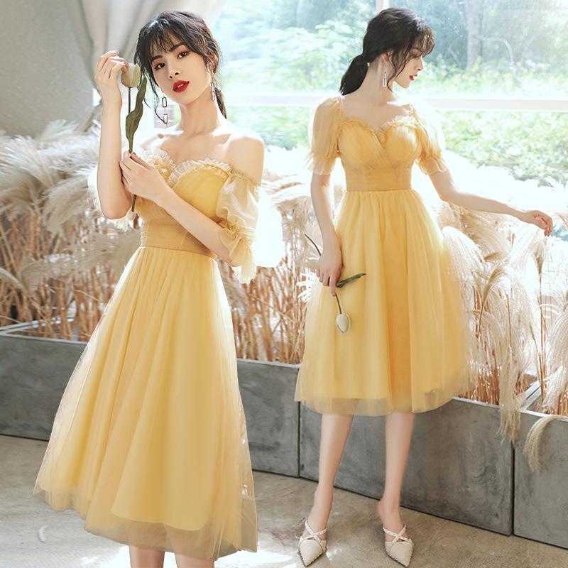 パーティードレス レディース ナイトドレス ロング ミディアム カラードレス ワンピース 公演 プリンセス 洋服 黄色 チュール イブニング 発表会 舞台衣装 姫系