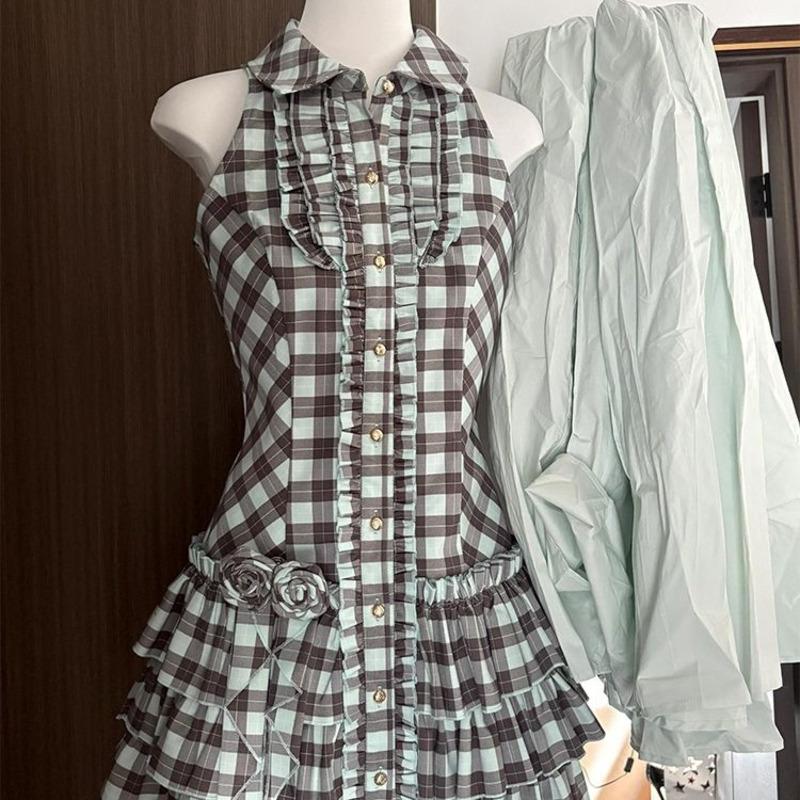 ロールプレイングミントとチョコレートの夏のコスプレ甘いプレッピースタイルウエスト痩身ショートスカートレトロチェック柄ノースリーブドレス カート コスプレ ピンク 桃柄 癒し レディース カジュアル