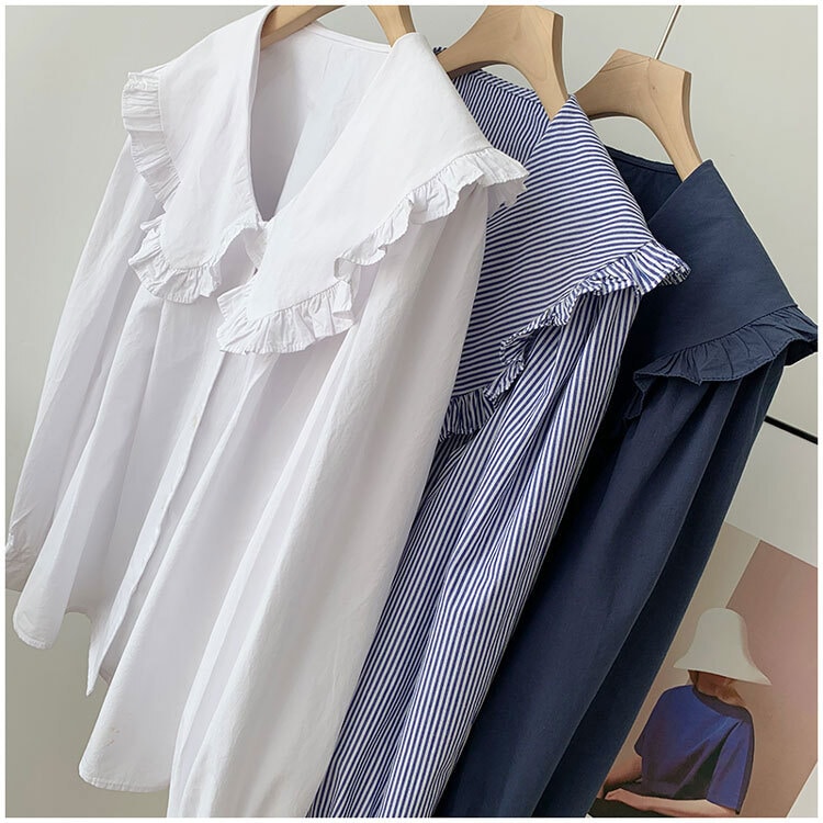 ３色 レトロ風 トップス シャツ ブラウス カットソー チュニック 春 秋 かわいい カジュアル ゆったり 長袖 ボリューム袖 キャンディスリーブ ぽわん袖 襟付き ドールカラー ビッグカラー フリル