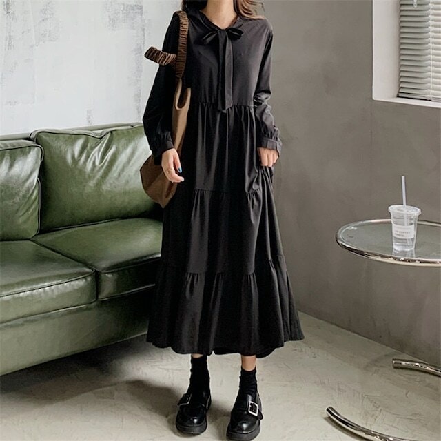 【送料無料】レディース ブラック ティアード ワンピース 長袖 Vネック リボンタイ ボウタイ