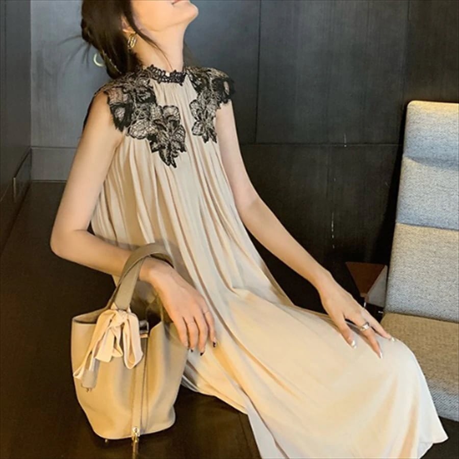 ロングドレス ワンピース ドレス 衣装 ロング ミモレ 袖あり 半袖 ノースリーブ クルーネック チョーカー風 Aライン フレア 透け感 シースルー エレガント 上品 可愛い きれいめ