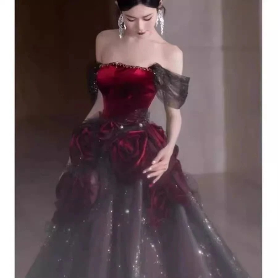 2025 ハイエンド宴会ホスト小さなイブニングドレス女性レッド婚約結婚式ウェアブライダルロングドレス ウェディングドレス