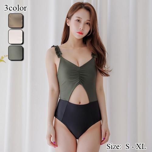 【グラシア】 水着 ハイウエスト レディース ビーチウェア スイムウェア 流行 海 プール モノキニ カット キャミ パイピング フリル フロントカット リボン ブラウン×ホワイト ホワイト×ブラック