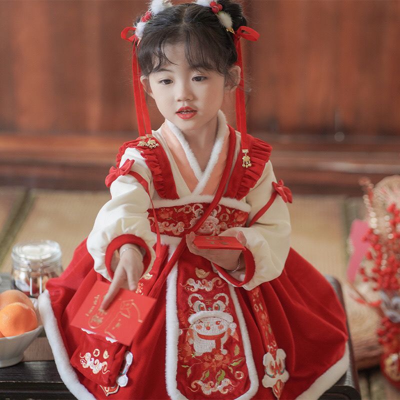 女の子の正月服 2023 冬の子供の漢服の女の赤ちゃんの正月服赤の新年のスカートスーツ 6,558円