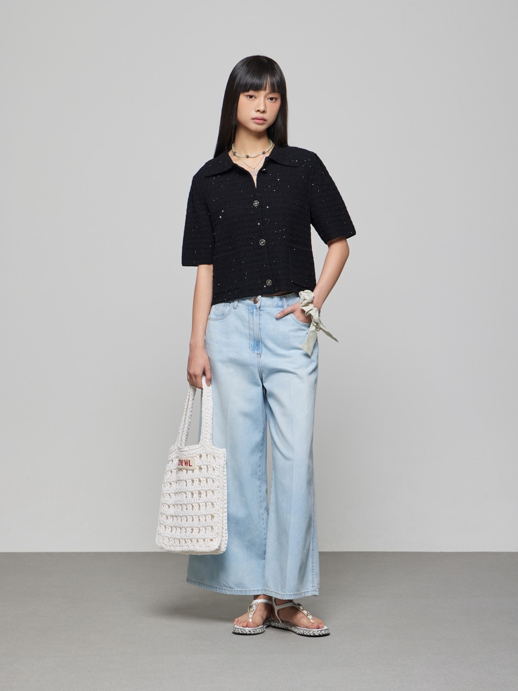 DEWL ボタン アップ シークイン カーディガン