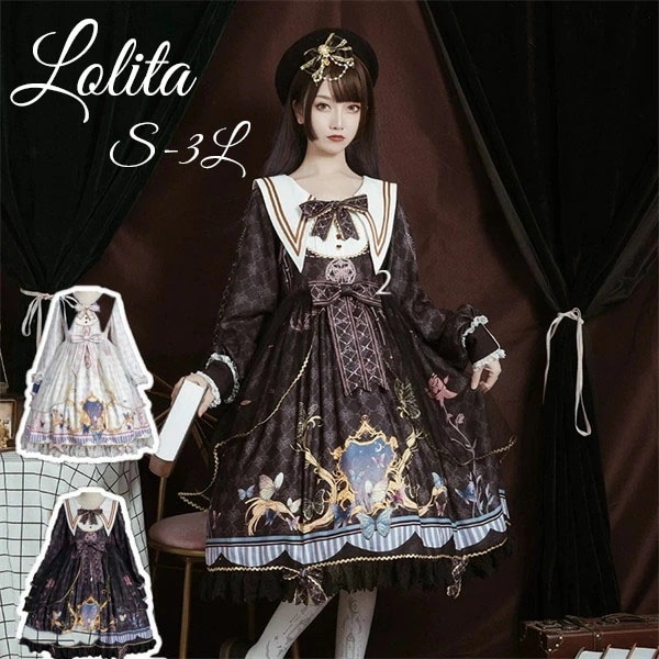 【5/11限定15%OFF+P10！】ロリータ クラロリ ワンピース ゴスロリ 病みかわ デカ襟 Aライン 宮廷ドレス リボン Lolita レディース コスチューム 衣装 かわいい フリル 仮装