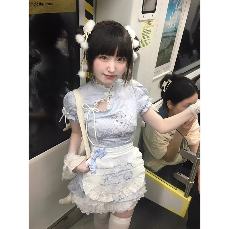 スタンドカラーガールプリントワンピースレディースサマーリボンウエストエプロンケーキスカート