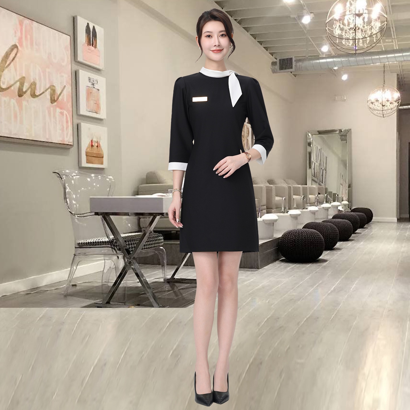 88206 美容師作業服 美肌管理 フロント作業服 半袖 黒作業服