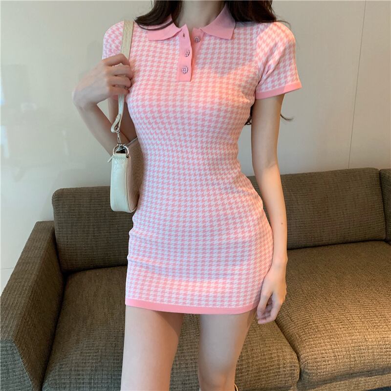 千鳥格子 ポロカラー ワンピース ニット レディース ショート 半袖 Aライン 切り替えデザイン かわいい 大人可愛い きれいめ カジュアル 上品 おしゃれ レトロ アジアン ラフ ガーリー ルーズ