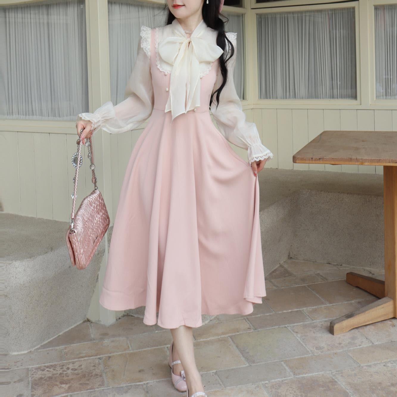 パーティードレス春夏作ワンピースやせて見えるかわいい少女長袖ワンピース偽2ティーブレイクドレス