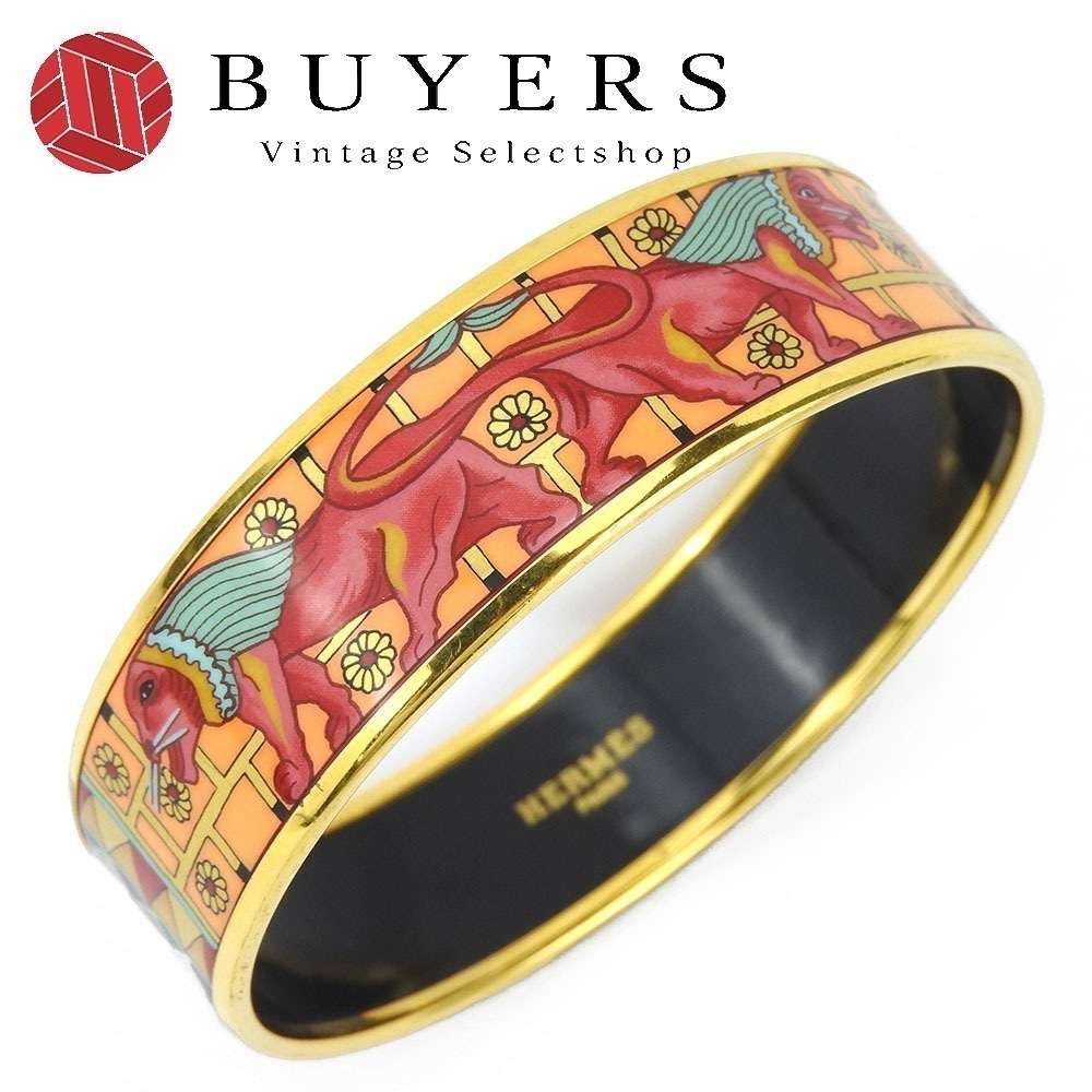 中古 バングル エマイユ メタル 七宝焼き オレンジ ピンク グリーン GP アクセサリー ライオン レディース 女性