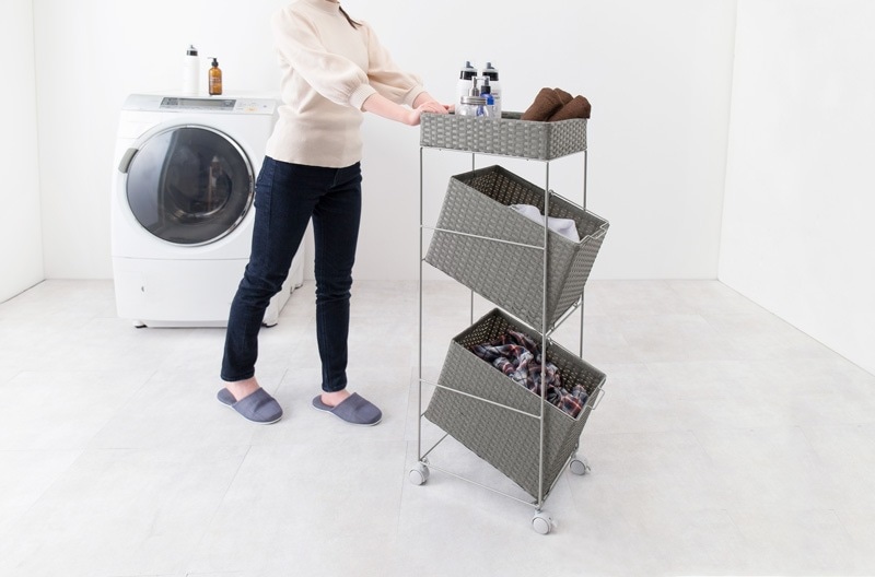 ラック ラタン風 かご バスケットラック キャスターワゴン 洗面ラック シンプル おしゃれ スリム 簡単組立 3段 幅28cm