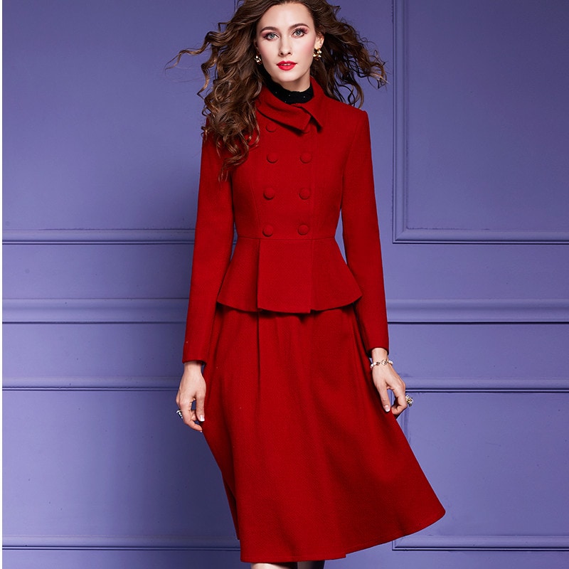 パーティドレス　セレブファッション　スカートスーツ　セットアップ　秋冬新作　ウール　高級　トレンド感