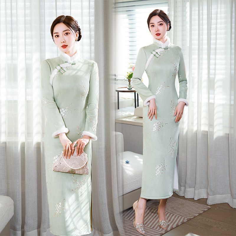 フリート厚みのあるチャイナドレス2025秋冬ヤングスタイル改良レトロ長袖ロングスタイル女性ピンク暖かい