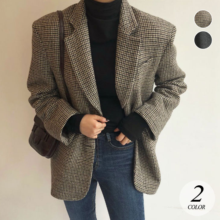 【2025新作 急速出荷】千鳥格子 ウール ジャケット レディース 秋 冬 オーバーサイズ アウター スーツジャケット 通勤 ビジネス 綿100% オフィス OL おしゃれ きれいめ スーツ コート