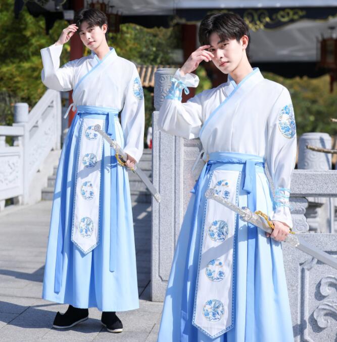 メンズ中華服 コスプレ衣裳 男性 メンズチ ャイナ服 漢服 青花磁上下セットアップ 羽織 男性 大人 チャイナドレス 中華衣装 長袖 袴風スカート 華流コスチューム 舞台 エスニックな刺しゅう中国古代