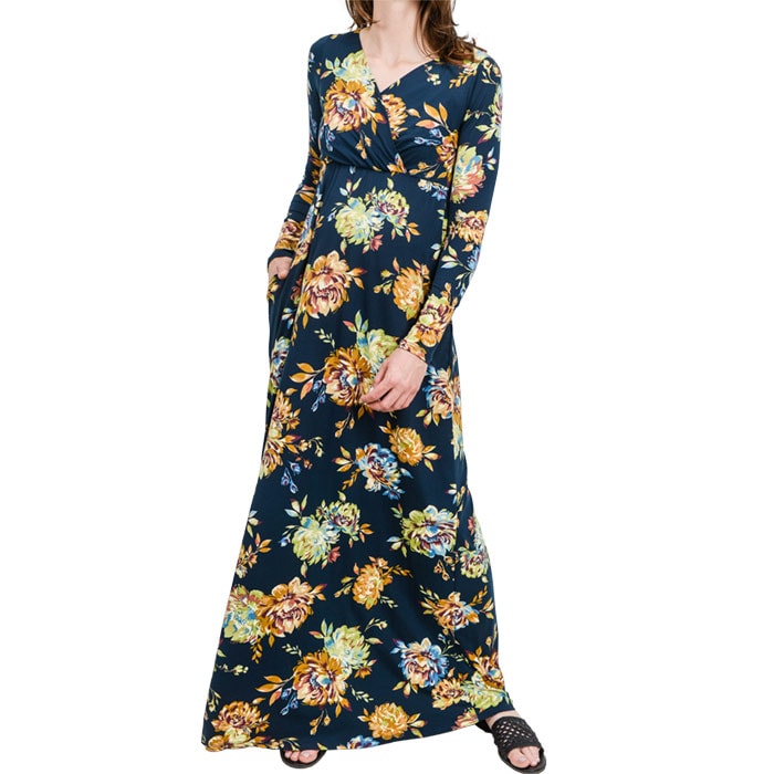 ワンピース マキシ 長袖 Vネック ハイウエスト LAインポート レトロ カラオケ クラブ パーティー 40代 50代 60代 S.M.L.XL ダークネイビーブルー HM230218LA065