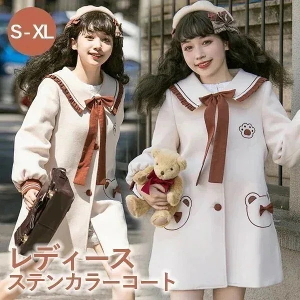 ステンカラーコート ロリータ 冬服 リボン レディース ジャケット ショートコート コート ロリータコート ロリータアウター トップス アウター 小柄 可愛い 学生 通学 通勤 着瘦せ 女の子 長袖防