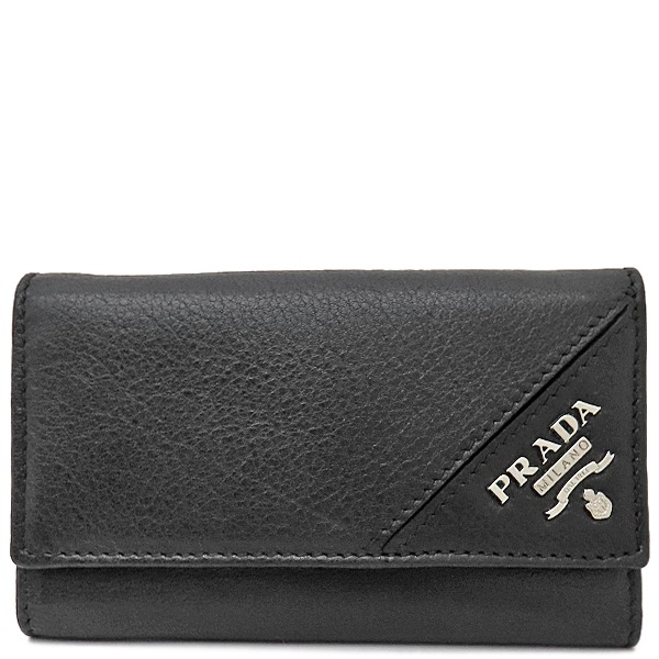 プラダ PRADA キーケース ロゴ メタル 6連 レザー NERO シルバー金具 鍵入れ 黒 2M0025 【箱】【中古】