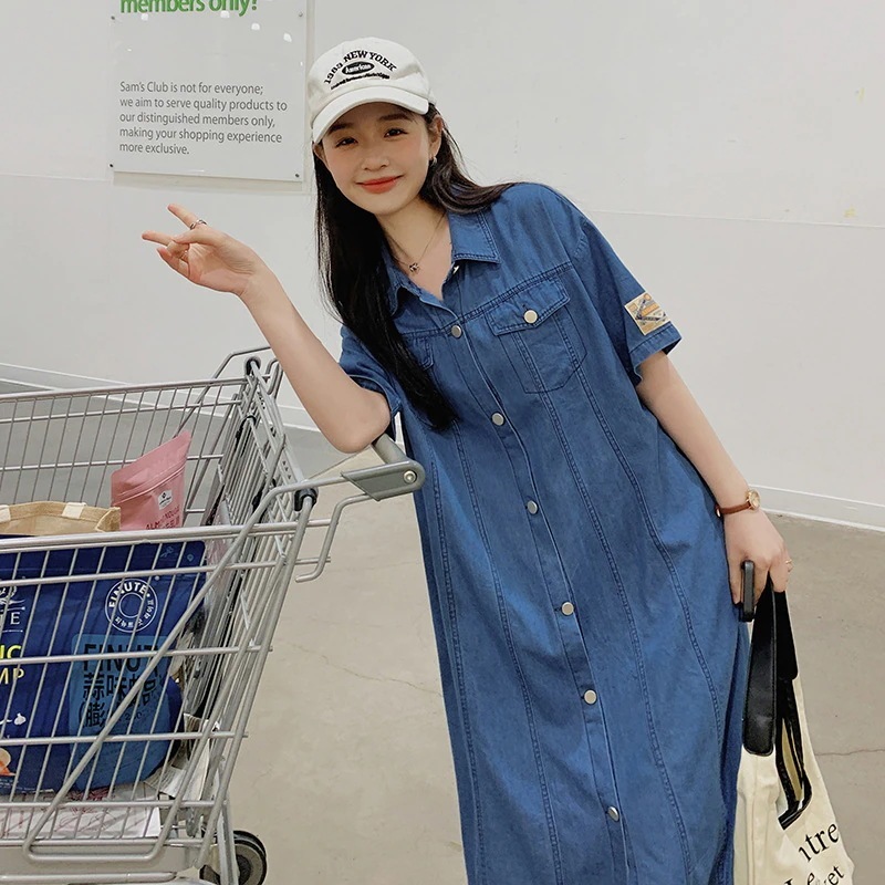 ゆったりストレートデニムワンピース女性の夏香港レトロ緩いカジュアルシャツロングスカートの実際の2024韓国語版