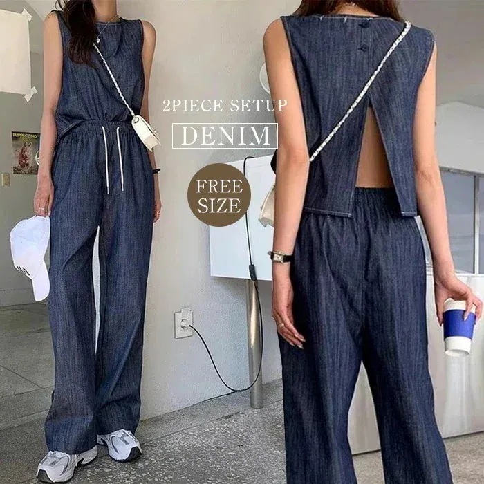 セットアップ レディース デニム ノースリーブ ブラウス バックスリット ワイドパンツ デニム 2点セット パンツ デニムワイドパンツ ブラウス バックジャン 無袖 デニム 春 秋 夏 着痩せ シンプ