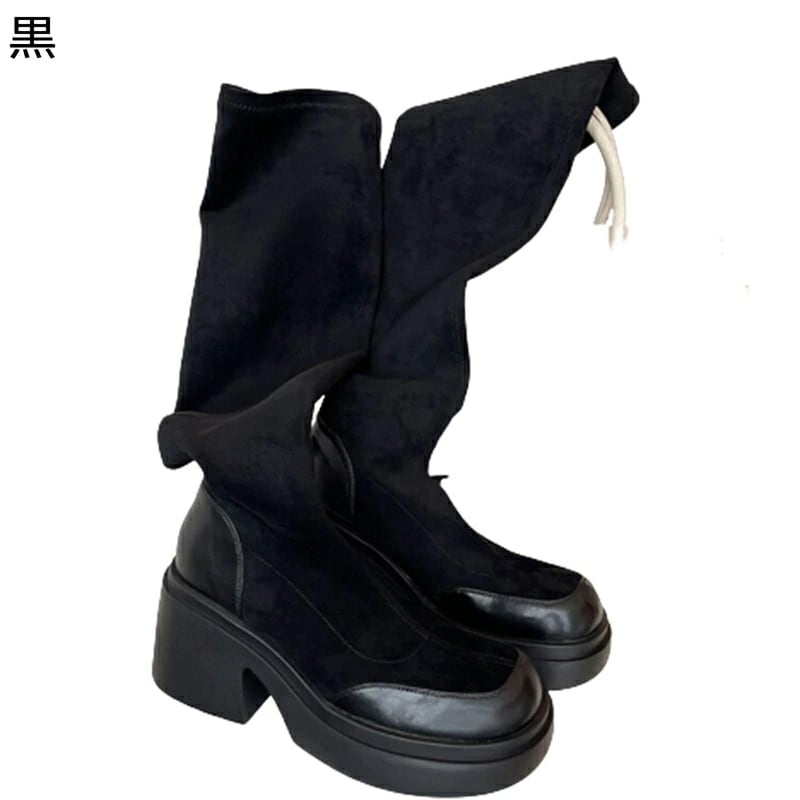 秋冬 ニーハイブーツ ストレッチ レディース パッチワーク オーバーニーブーツ ロングブーツ 厚底 粗いかかと ミドルヒール スクエアトゥ 可愛い エレガント 足細 身長アップ お洒落 柔軟性