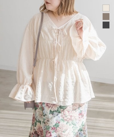 大きいサイズ レディース LL 3L 4L XL XXL XXXL CLETTEオリジナルフロントリボンシャーリングブラウス