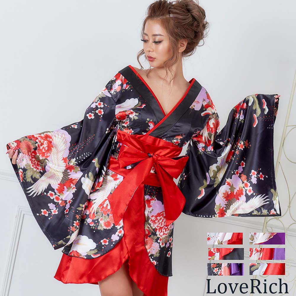 即納　艶やか　帯付　セクシー　胸元 深Vカット　大胆　背中魅せ　純和風　和柄　着物風　ミニドレス