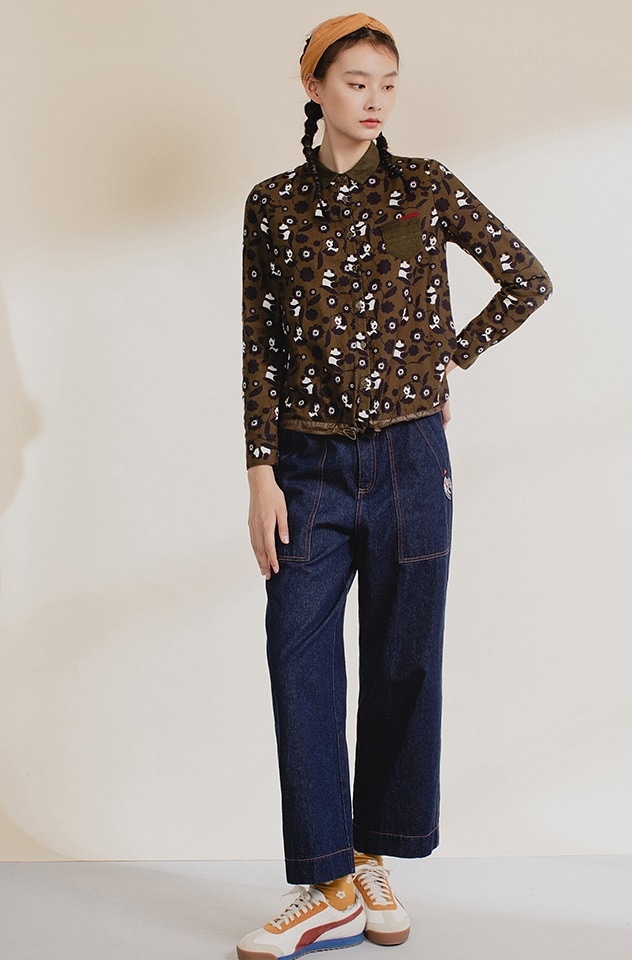 カジュアル コットン シャツ 女性 冬 パンダプリント コットン スクエア カラー トップ グリーン S M L トップス 袖あり かわいい 大人可愛い きれいめ シンプル カジュアル 大人 上品