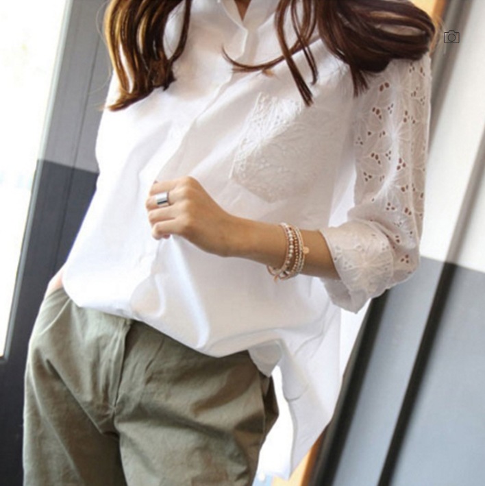 レトロ風 モテコーデ トップス シャツ ブラウス 袖あり 7分袖 七分袖 襟付き レース 刺繍 前開き 透け感 かわいい 可愛い きれいめ シンプル 上品 おしゃれ お洒落 かっこいい