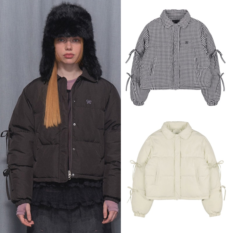 Ribbon Collar Short Puffer_3 Colors / 袖リボンポイントクロッププッパーパディング