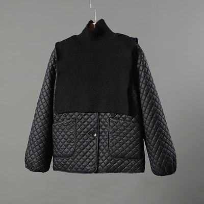 アウター キルティングジャケット＋ネックウォーマーセット 袖あり 長袖 ドロップショルダー Vネック ドッキング デザイン オーバーサイズ ビッグシルエット 美ライン 前開き キルティング ニット