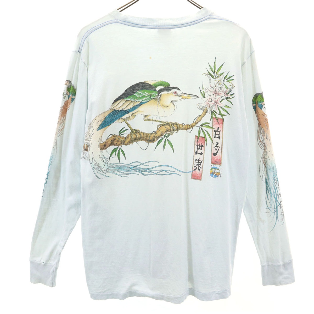 SIGNAL シグナル 90s USA製 オールド 浮世絵 バックプリント 長袖 シングルステッチ Tシャツ M 水色 ロンT 鳥 メンズ 古着