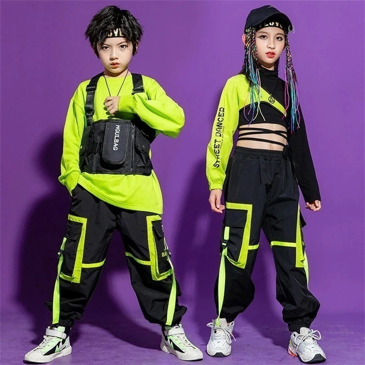 キッズ ダンス衣装 セットアップ 長袖シャツ グリーン ロングパンツ ヒップホップ 女子 男子 子供服 ストリート 原宿系 ダンスウェア ジャズ 団体服 ステージ服 ダンスチーム