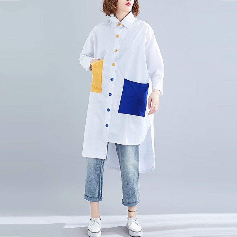 レディース ワンピース シャツ シャツワンピ 前開き 膝丈 膝下 アシンメトリー 長袖 ドロップショルダー 襟付き ポロカラー ストレート Iライン 切り替え スマート ポケット 2way ボタン