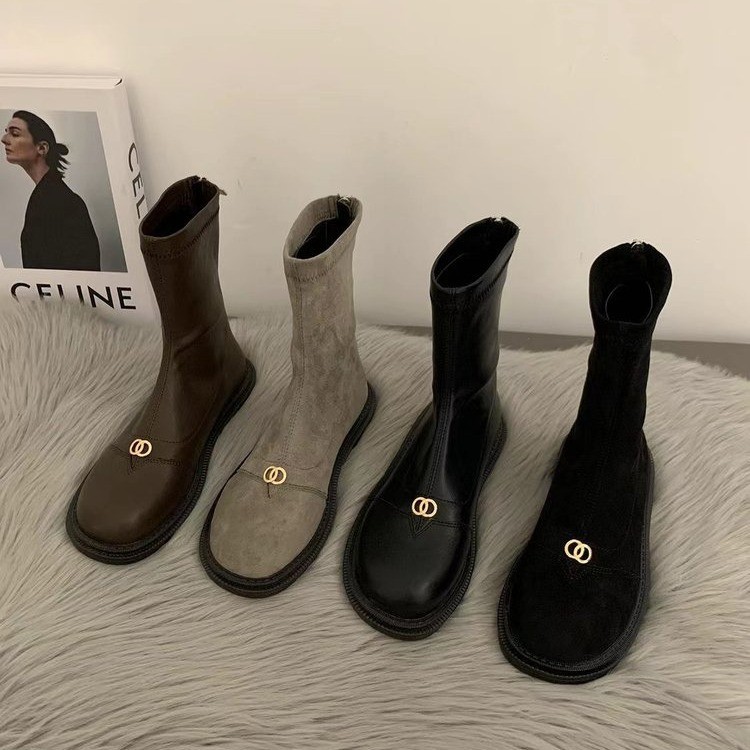 レトロブーツ レディース フレンチスタイル ショートブーツ 2024 フラットスリムブーツ ヌードブーツ ストレッチブーツ