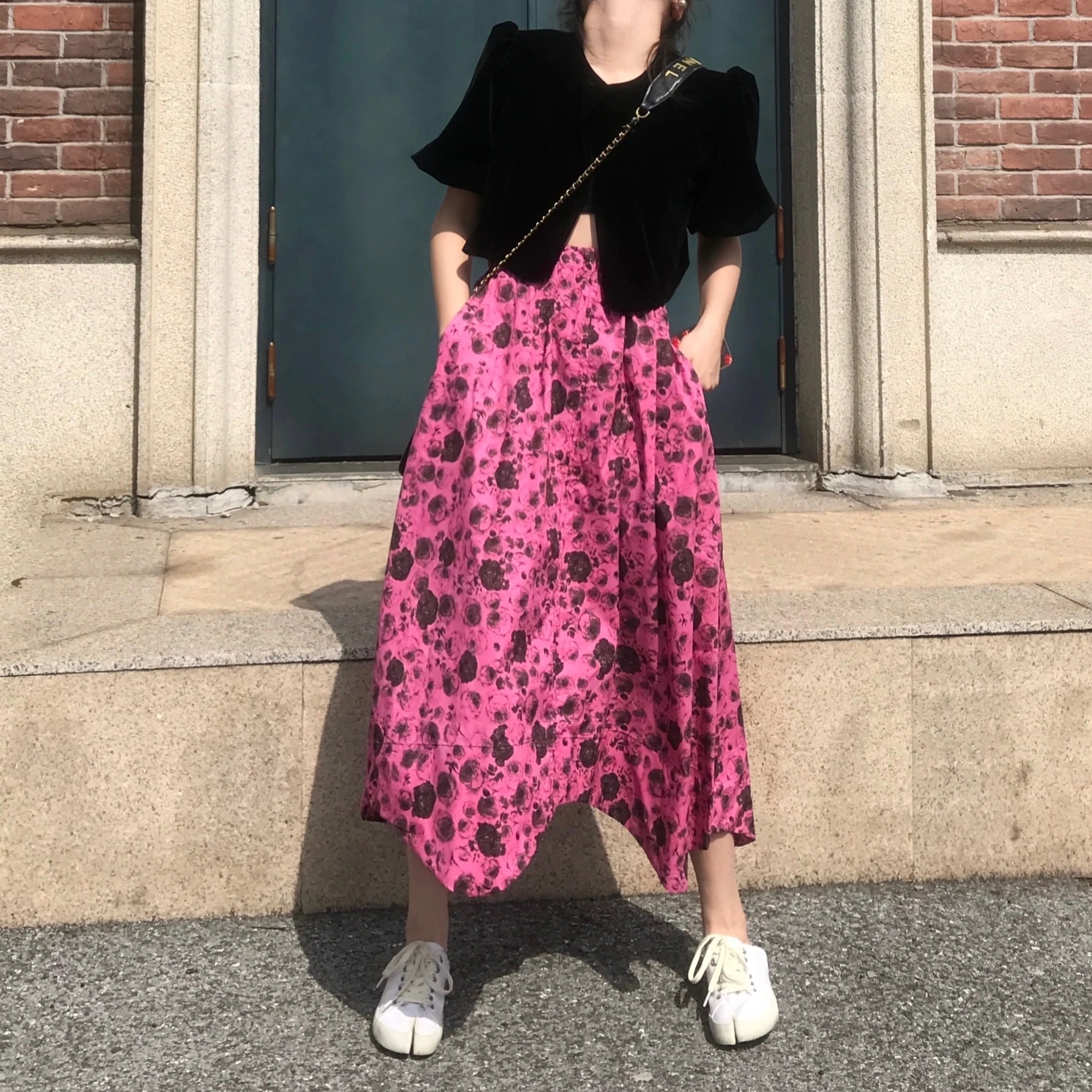 セットアップ レディース カットソー ブラウス 半袖 ショート ベロア 黒 スカート フレア ロング ミモレ 花柄 ピンク アシンメトリー ハイウエスト かわいい カジュアル お出かけ デート S M