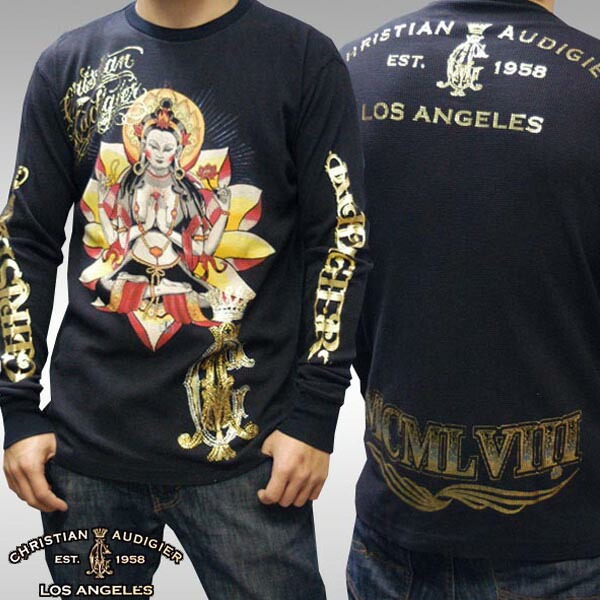 セール クリスチャンオードジェー メンズ 長袖 サーマル ロンT Christian Audigier BUDDA ブラック Tシャツ インポート ハリウッド LAセレブ ファッション セレブ カ