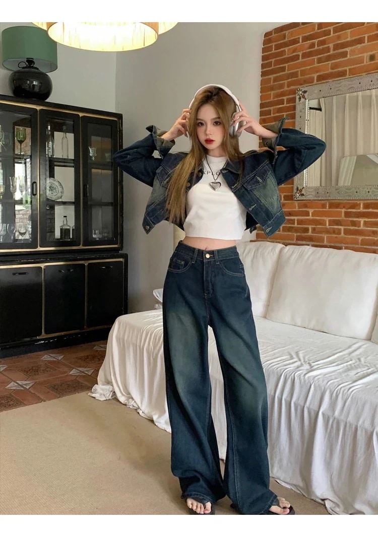 デニムジャケット デニムパンツ セットアップ ジーンズ ジーパン ショート ワイド パンツ ストレート アウター 羽織り ウォッシュ加工 学生 カジュアル 上下セット ハイウエス