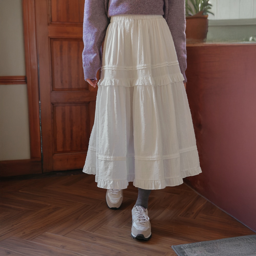 メインコットンレースフリルバンディングロングスカート