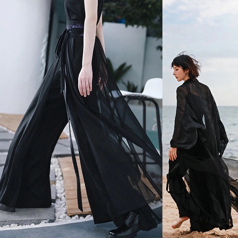 【メガ割 】シフォンガウチョパンツ ワイドパンツ レディース キュロットパンツ 黒 涼しい 飄逸 暗黒風
