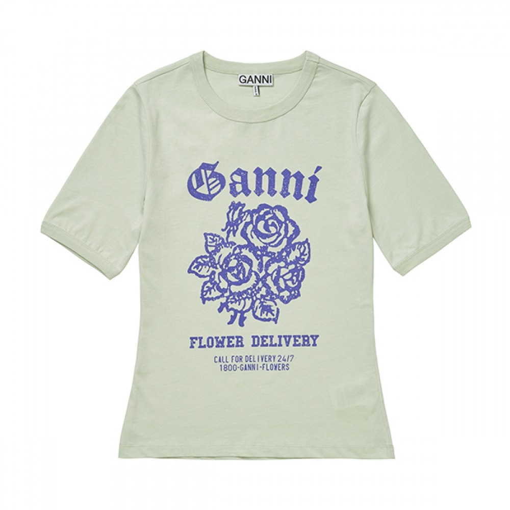 GANNI T3632 822 フラワーロゴプリントレディースショートスリーブ Tシャツ