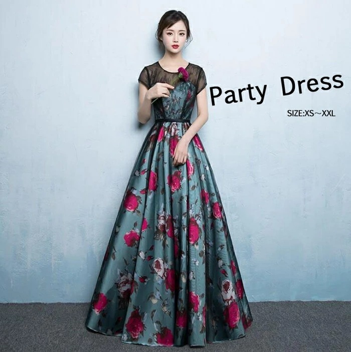 パーティードレス　結婚式 ワンピース ロングドレス 花柄 プリント パーティードレス ロング ドレス　ピアノ 発表会 演奏会 パーティー パーティ ブライダル ウェディング 20代 30代 40代 5